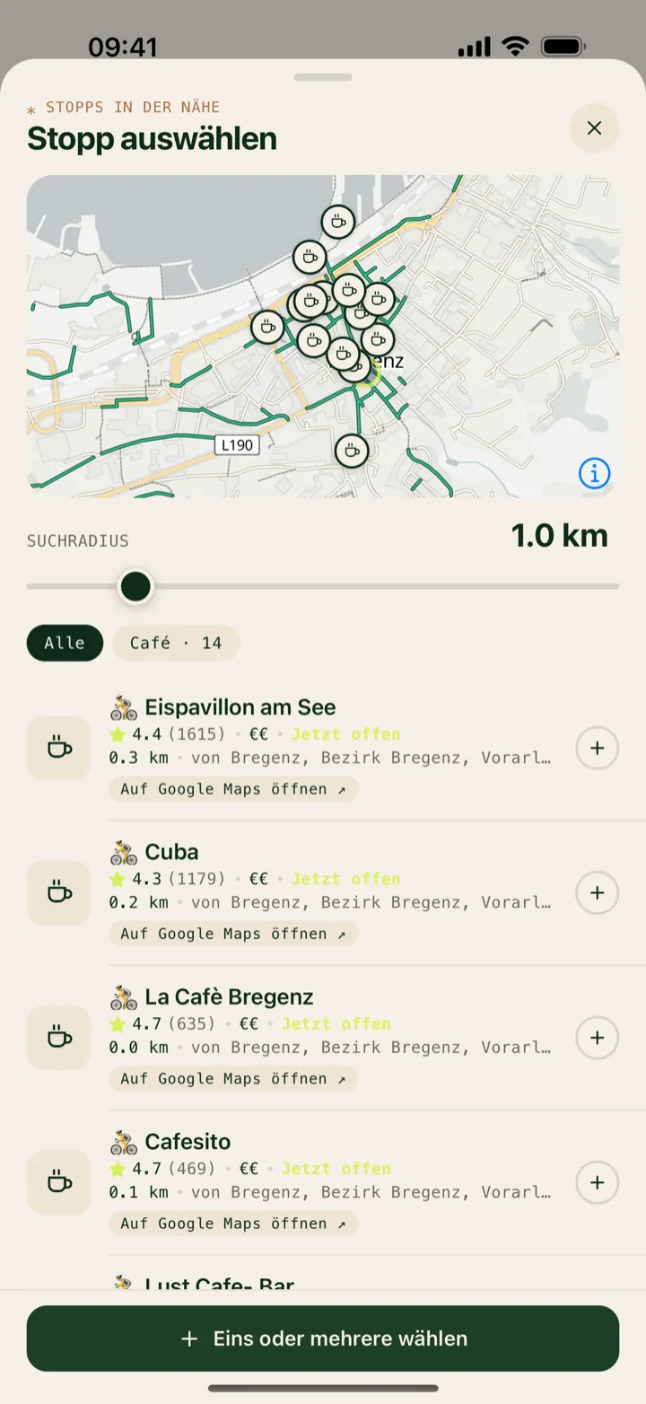 Café-Auswahl mit Bewertungen und Bildern entlang der geplanten Route