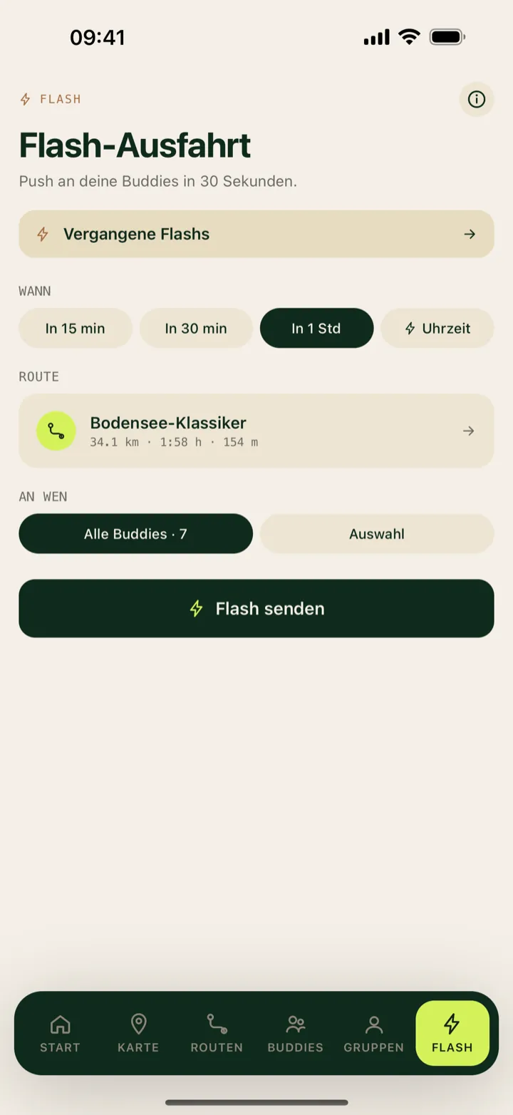 Flash-Setup-Screen mit Zeitwahl und Routenauswahl