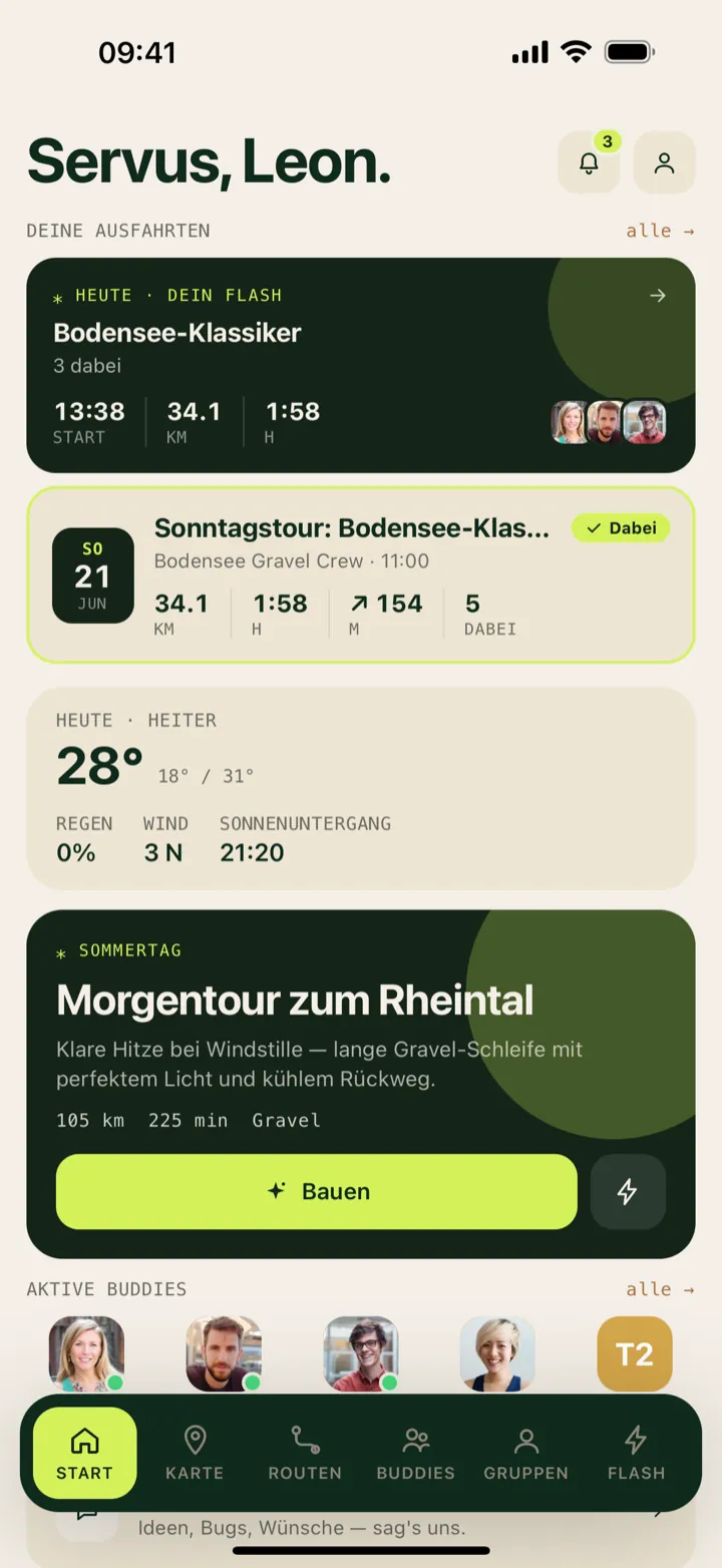 VeloCue Startbildschirm mit Begrüßung, Wetter, KI-Route und Wochenstatistik