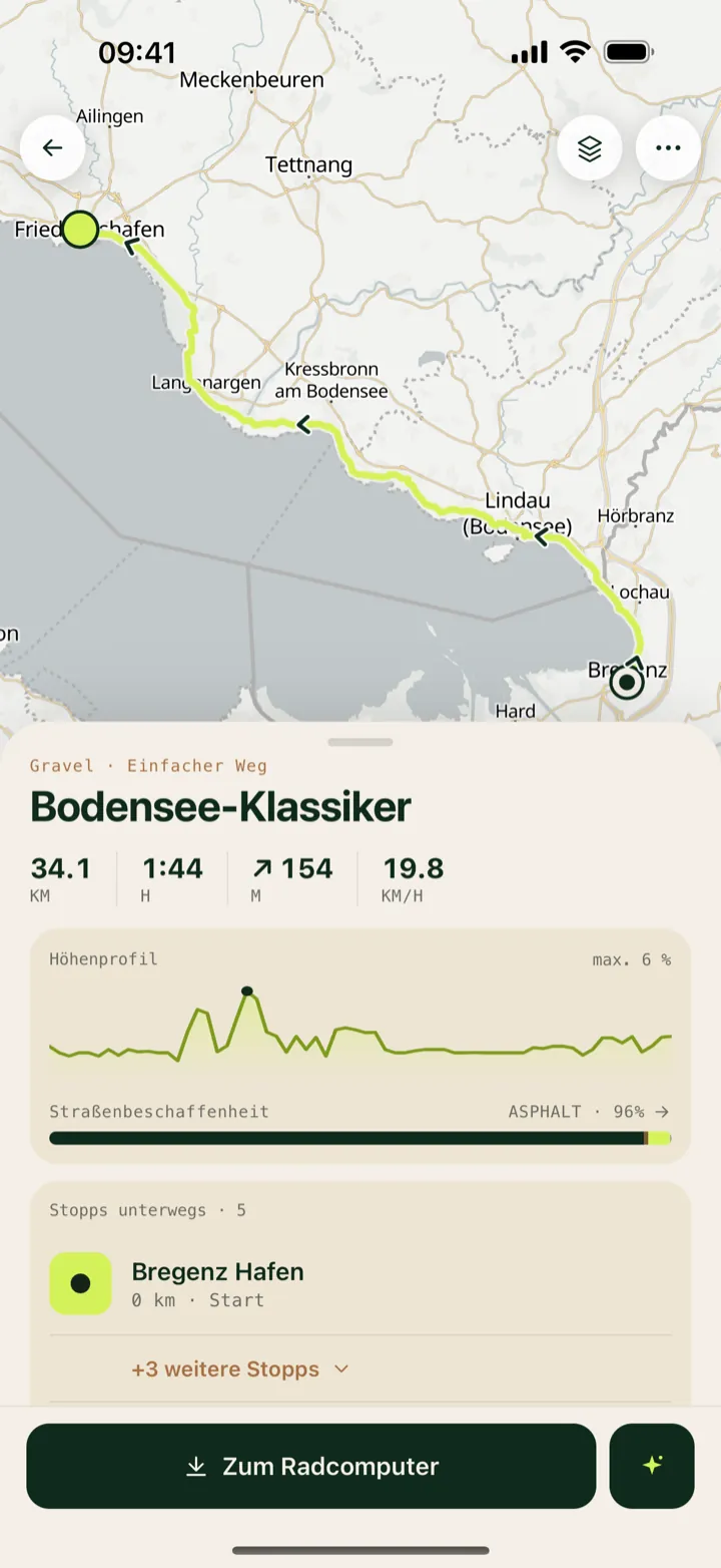 VeloCue Routen-Detail mit Karte, Höhenprofil, Straßenbeschaffenheit und Stopps