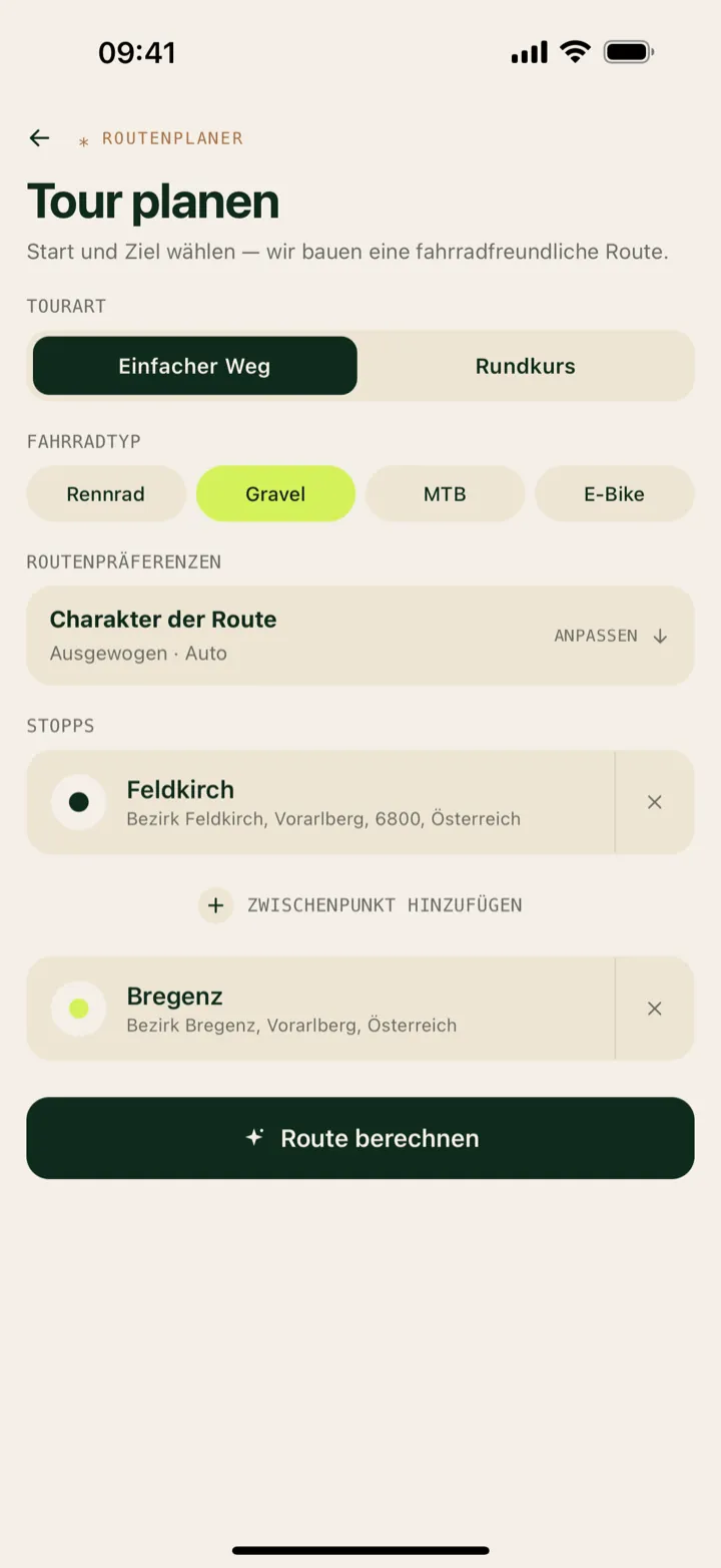 Routenplaner-Screen mit Bike-Typ, Stopps und KI-Eingabe