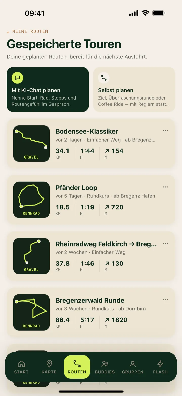 Liste gespeicherter Touren mit Höhenprofilen